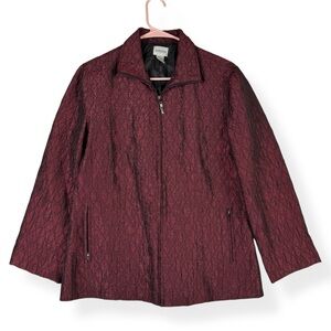 Chicos Quilted Crinkle Zip Front Jacket Burgundy Wine Metallic Size 1 M 8-10